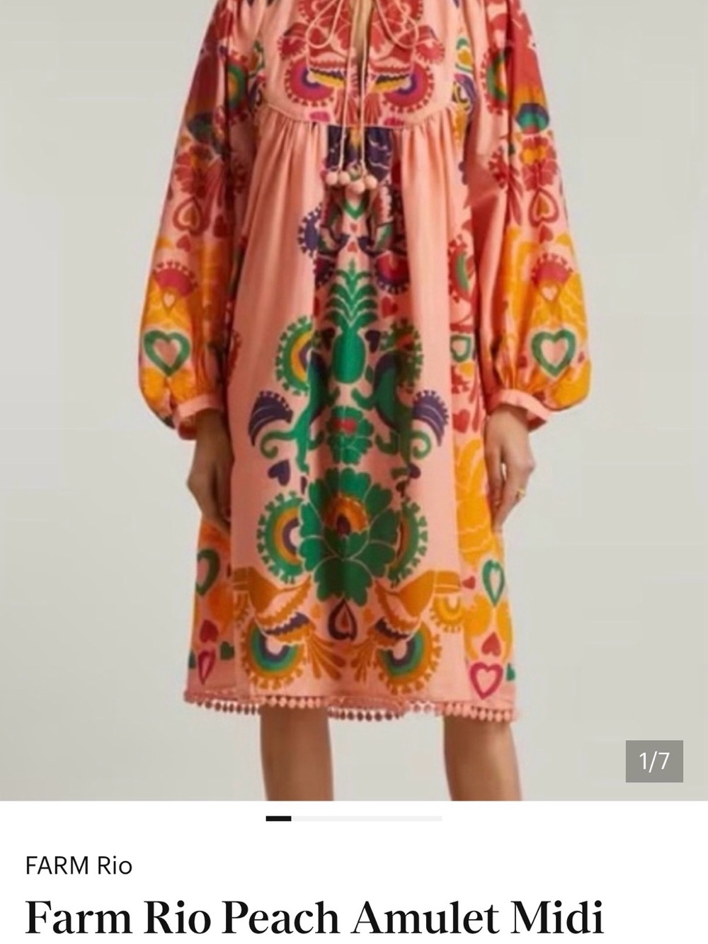 FARM Rio Peach Amulet Midi Dress with Green & Orange Motif